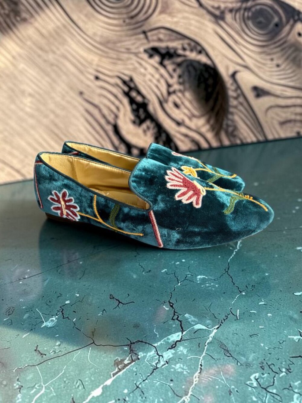 Birdies Starling Embroidered Flat Blue Flat Velvet W 11 Teal Blue Flora Velvet
